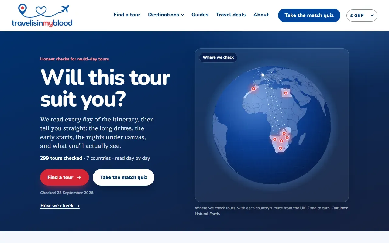 Viator affiliate website home page with a globe showing 299 checked tours in 7 countries