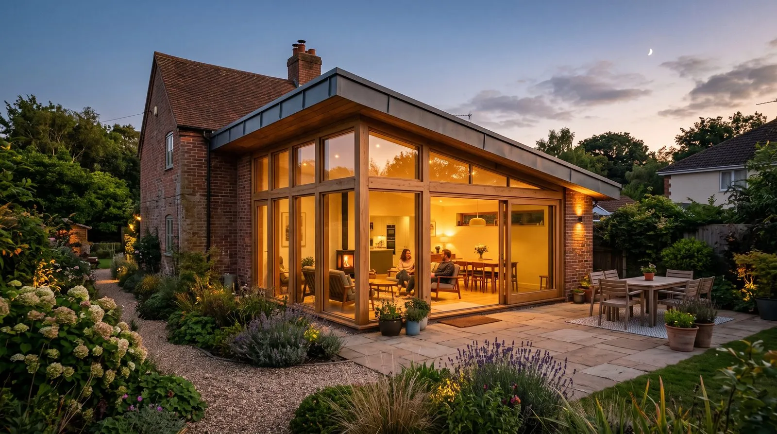 Glass and oak rear extension by Stonebridge Building Co. glowing at dusk